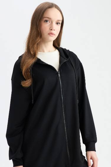 Relax Fit Hooded Basic Zippered Tunic Sweatshirt