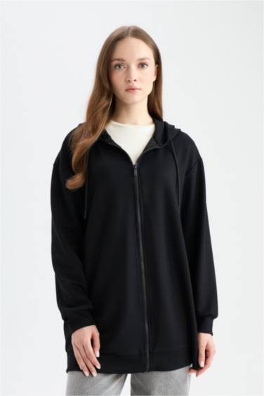 Relax Fit Kapüşonlu Basic Düz Fermuarlı Tunik Sweatshirt