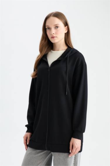 Relax Fit Kapüşonlu Basic Düz Fermuarlı Tunik Sweatshirt