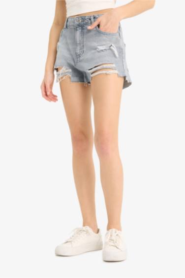 %100 Pamuk Yüksek Bel Paça Ucu Kesik Jean Şort - Görsel 5