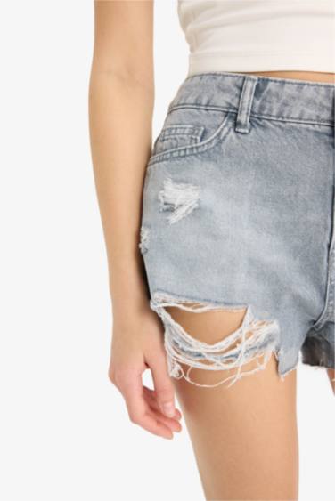 %100 Pamuk Yüksek Bel Paça Ucu Kesik Jean Şort - Görsel 7