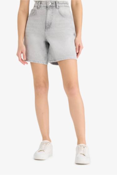Yüksek Bel Cepli Jean Bermuda Şort