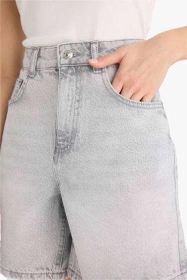 %100 Pamuk Yüksek Bel Cepli Jean Bermuda Şort - Görsel 5