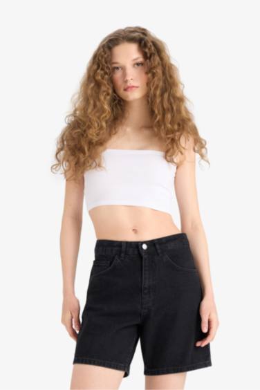 High Waist Denim Bermuda Shorts