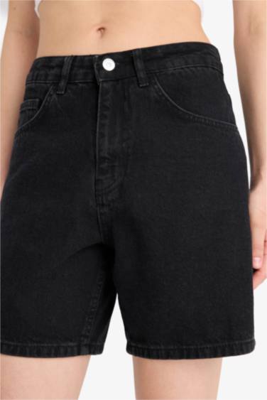 %100 Pamuk Yüksek Bel Jean Bermuda Şort - Görsel 5
