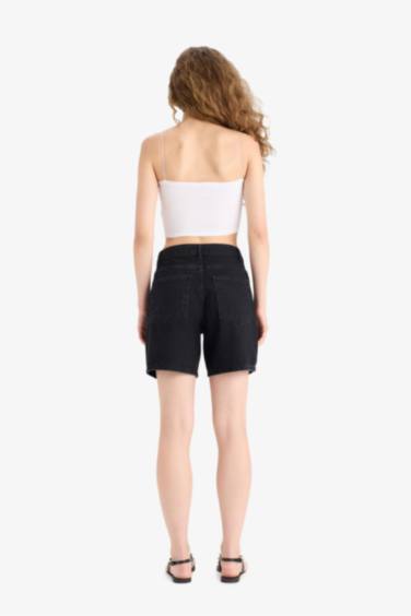 %100 Pamuk Yüksek Bel Jean Bermuda Şort - Görsel 6