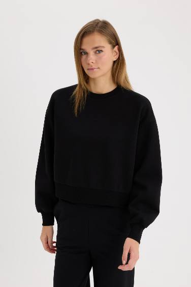 Boxy Fit Bisiklet Yaka Basic Düz Kalın Sweatshirt