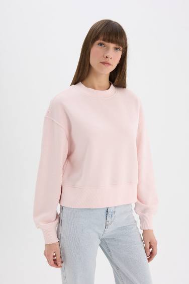Boxy Fit Bisiklet Yaka Basic Düz Kalın Sweatshirt