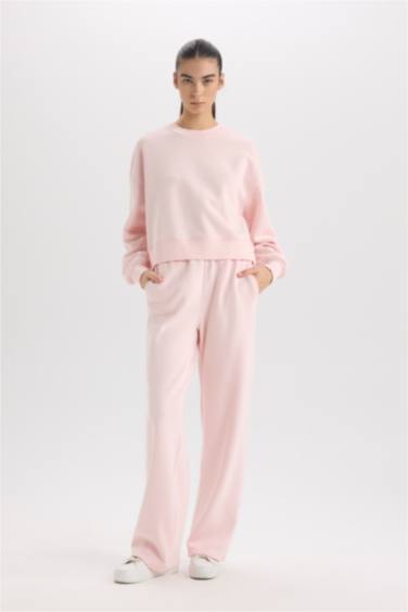 Straight Fit Eşofman Altı Standart Boy Basic Düz Cepli Beli Lastikli Geniş Bol Paça