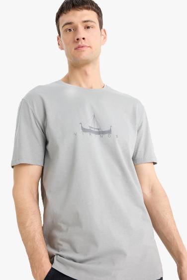 %100 Pamuk Vikings Regular Fit Bisiklet Yaka Baskılı Kısa Kollu Tişört