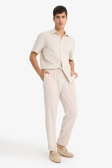 Relax Fit Kısa Paça Keten Görünümlü Beli Bağcıklı Lastikli Cepli Pantolon