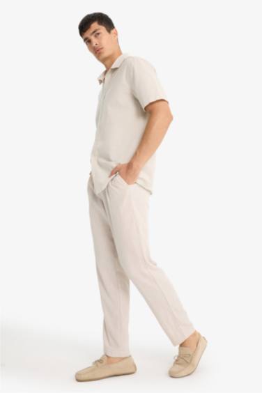 Relax Fit Kısa Paça Keten Görünümlü Beli Bağcıklı Lastikli Cepli Pantolon