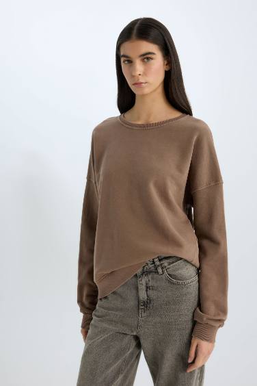 Oversize Geniş Kalıp Bisiklet Yaka Basic Düz Sweatshirt