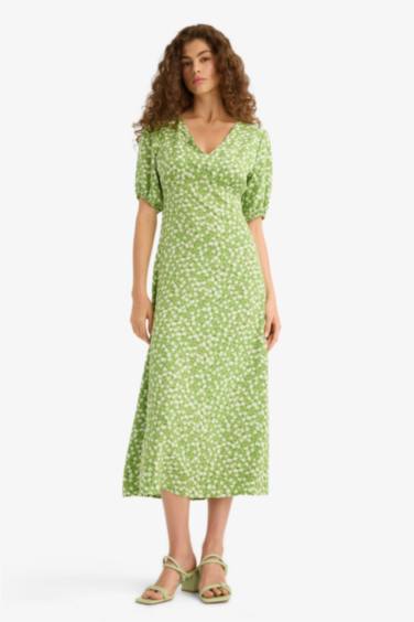 V-Neck Floral Short Sleeve Midi Dress