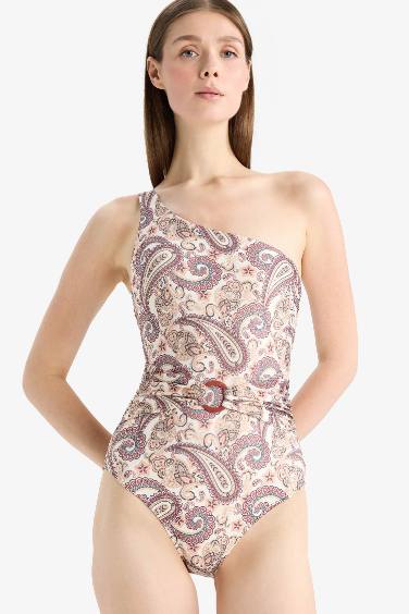 Fall in Love One Shoulder Shawl Patterned Swimsuit