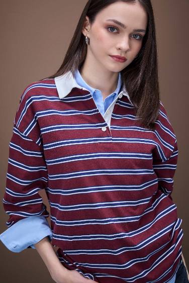 Loose Fit Striped Polo Neck T-Shirt