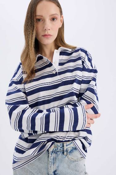 Coool Loose Fit Polo Yaka Çizgili Uzun Kollu Tişört