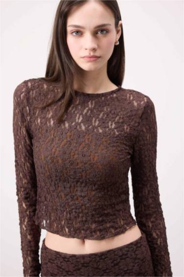 T-shirt slim en dentelle à col rond et manches longues