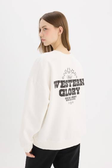 Oversize Geniş Kalıp Bisiklet Yaka Sırt Baskılı Kalın Sweatshirt