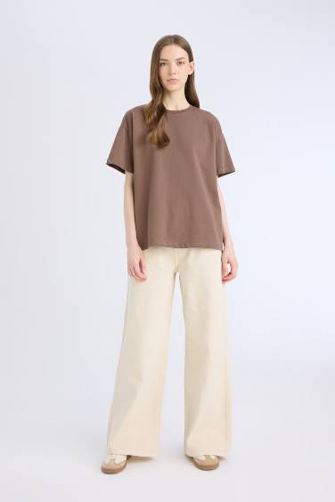 تيشيرت بيزك تقيل نص كم اوفر سايز برقبة مستديرة