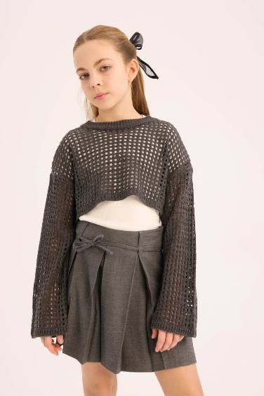 Girl Crew Neck Openwork Crop Pullover