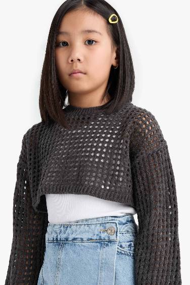 Girl Crew Neck Openwork Crop Pullover