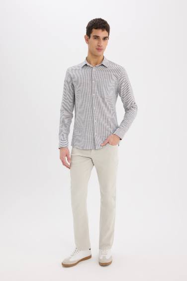 قميص بولو مخطط اسود كم طويل مودرن فيت