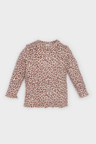 Baby Girl Crew Neck Ribbed Camisole Leopard Patterned T-Shirt