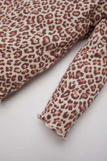 Kız Bebek Bisiklet Yaka Fitilli Kaşkorse Leopar Desenli Uzun Kollu Tişört