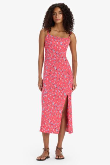 Straight Fit Round Collar Floral Sleeveless Midi Dress