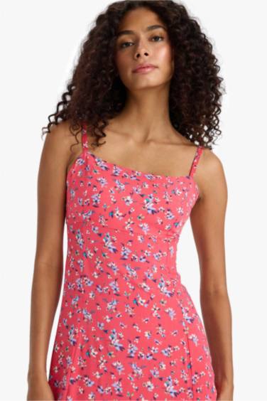 Straight Fit Round Collar Floral Sleeveless Midi Dress