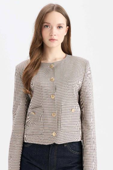 Crew Neck Geometric Patterned Blazer Jacket