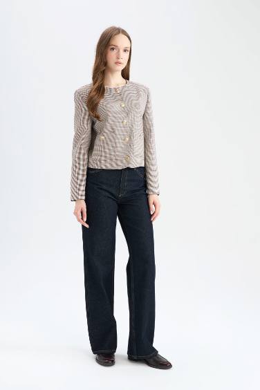 Crew Neck Geometric Patterned Blazer Jacket