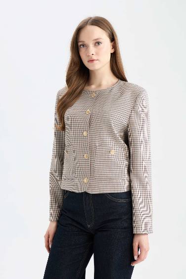 Crew Neck Geometric Patterned Blazer Jacket