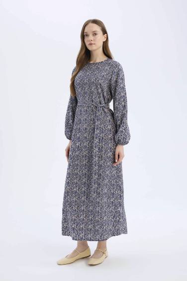 Regular Fit Crew Neck Patterned Belted Maxi Dress