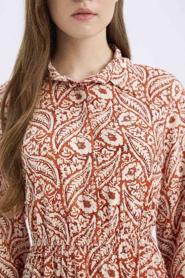 Gömlek Yaka Desenli Uzun Kollu Maxi Elbise