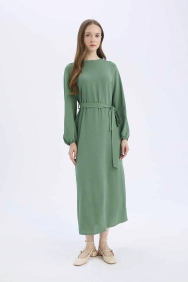 Regular Fit Crew Neck Aerobin Long Sleeve Dress Midi