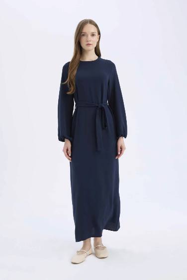 Regular Fit Bisiklet Yaka Basic Düz Kuşaklı Aerobin Uzun Kollu Elbise