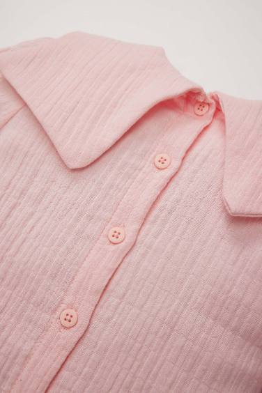 قميص بنات كم طويل من موسلين بقصة عادية