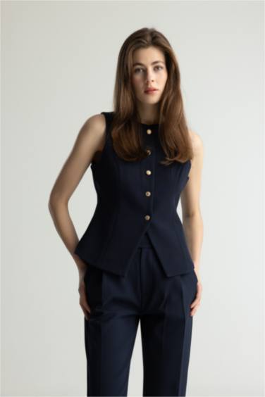 Regular Fit Bisiklet Yaka Düğmeli Blazer Yelek