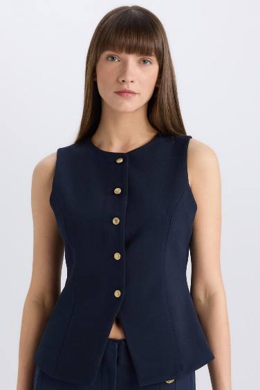 Regular Fit Bisiklet Yaka Düğmeli Blazer Yelek