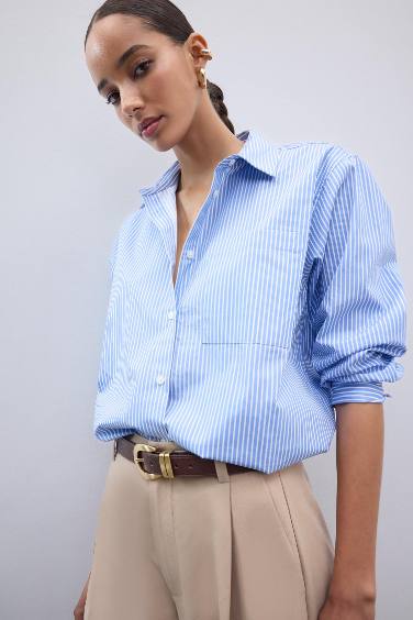 Coool Oversize Geniş Kalıp Çizgili Poplin Uzun Kollu Gömlek