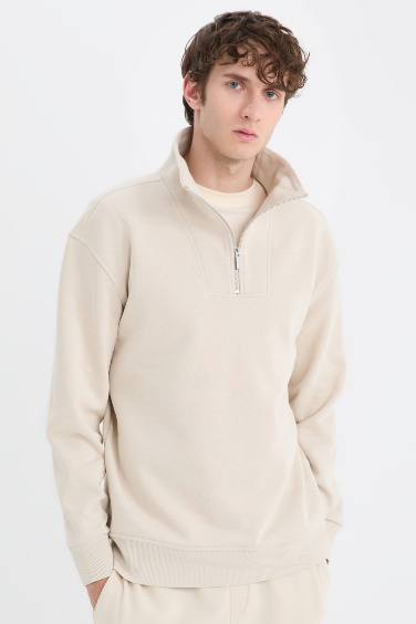 Relax Fit Stand Collar Zippered Basic Thick Sweatshirt