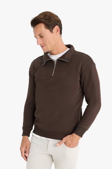 Relax Fit Dik Yaka Fermuarlı Basic Düz Kalın Sweatshirt