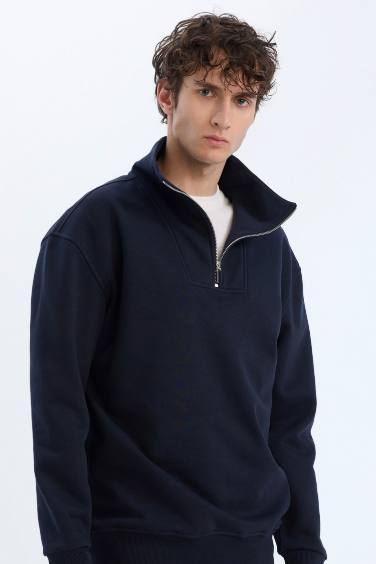 Relax Fit Stand Collar Zippered Basic Thick Sweatshirt