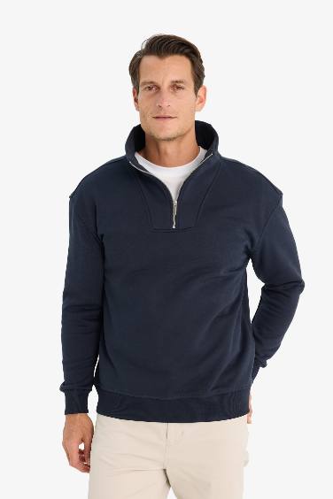 Sweatshirt basique épais à col montant et fermeture zip Coupe décontractée