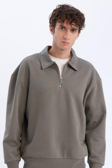 Relax Fit Polo Collar Zippered Basic Thick Sweatshirt