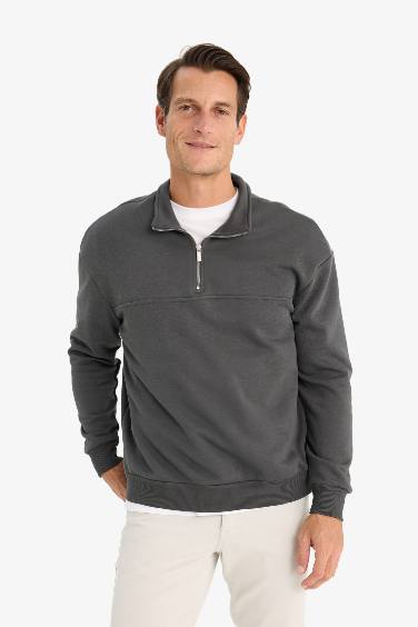 Relax Fit Dik Yaka Fermuarlı Basic Düz Kalın Sweatshirt