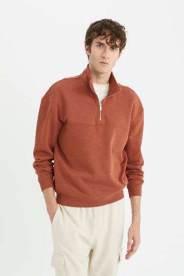 Relax Fit Stand Collar Zippered Basic Thick Sweatshirt