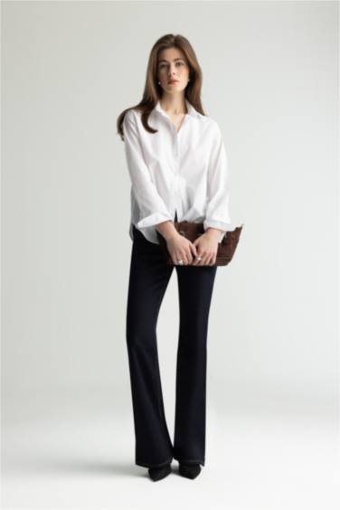 Regular Fit Basic Düz Poplin Uzun Kollu Beyaz Gömlek